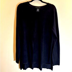 JOAN VASS Sz L Crew Neck Back Pleat Long Sleeve Flowy Slinky Long Line Tunic Top
